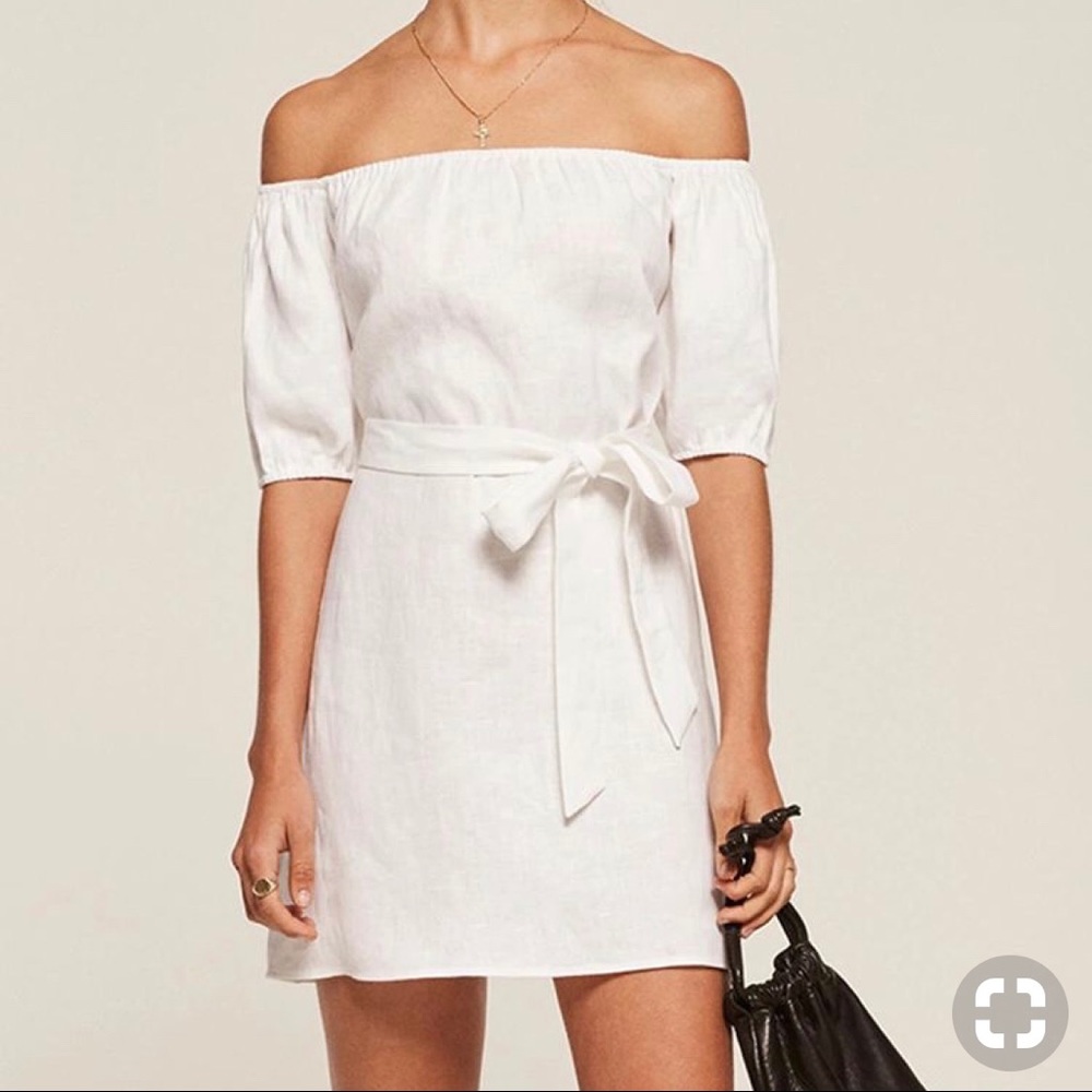 White Off the Shoulder Reformation Audrey Dress L